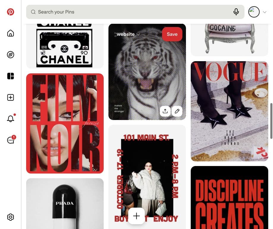 Pinterest board examples using fashion imagery, halftone texture, and red editorial type