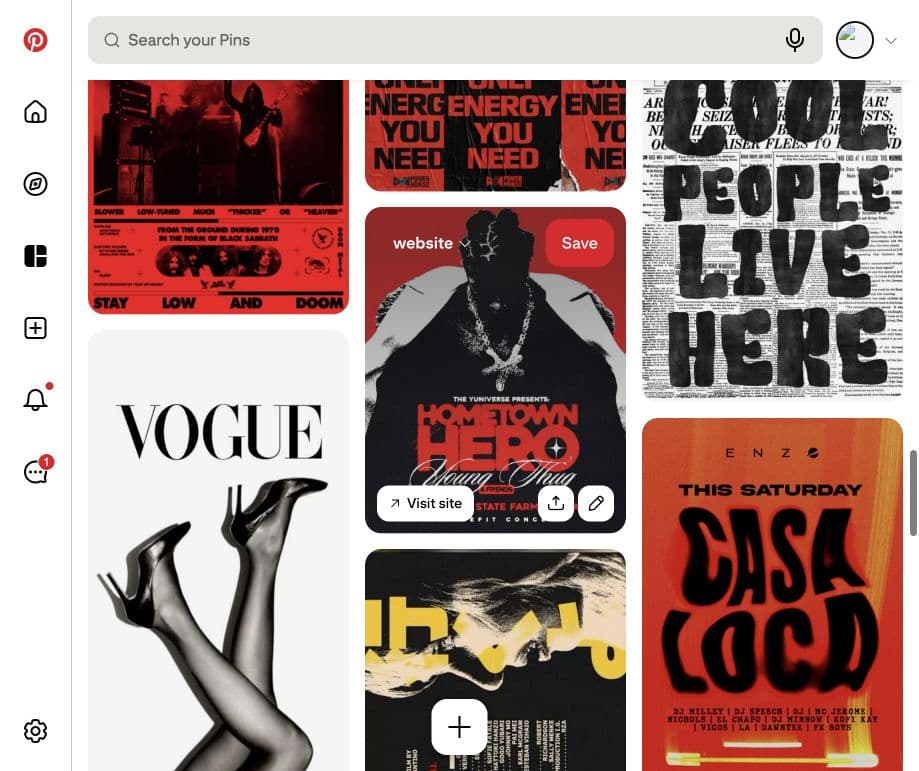 Pinterest board examples combining music posters, cultural objects, newsprint, and rough type