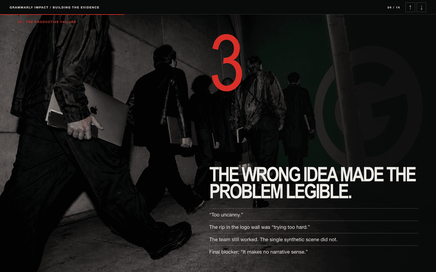 Browser process slide documenting the rejected master scene and the blocker it exposed
